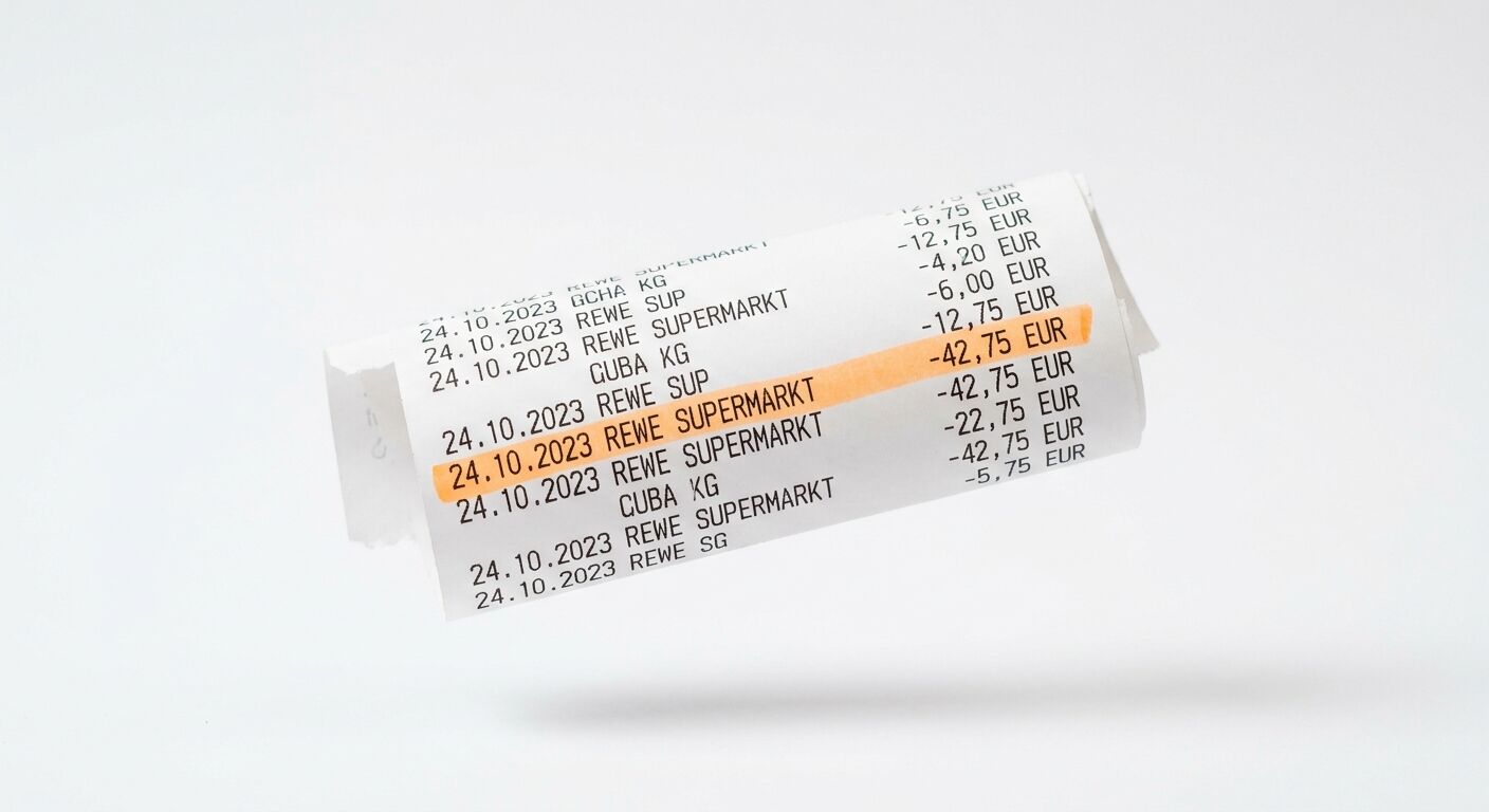 Schwebende, gerollte Quittung mit gelb hervorgehobenem REWE SUPERMARKT-Posten