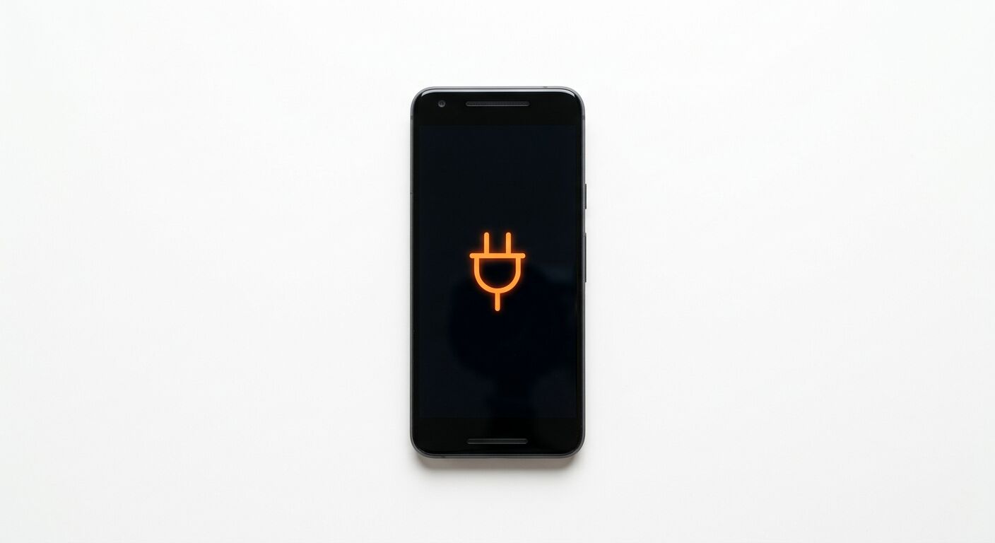 Schwarzes Smartphone mit orangefarbenem Steckersymbol auf dem Display auf weißem Hintergrund