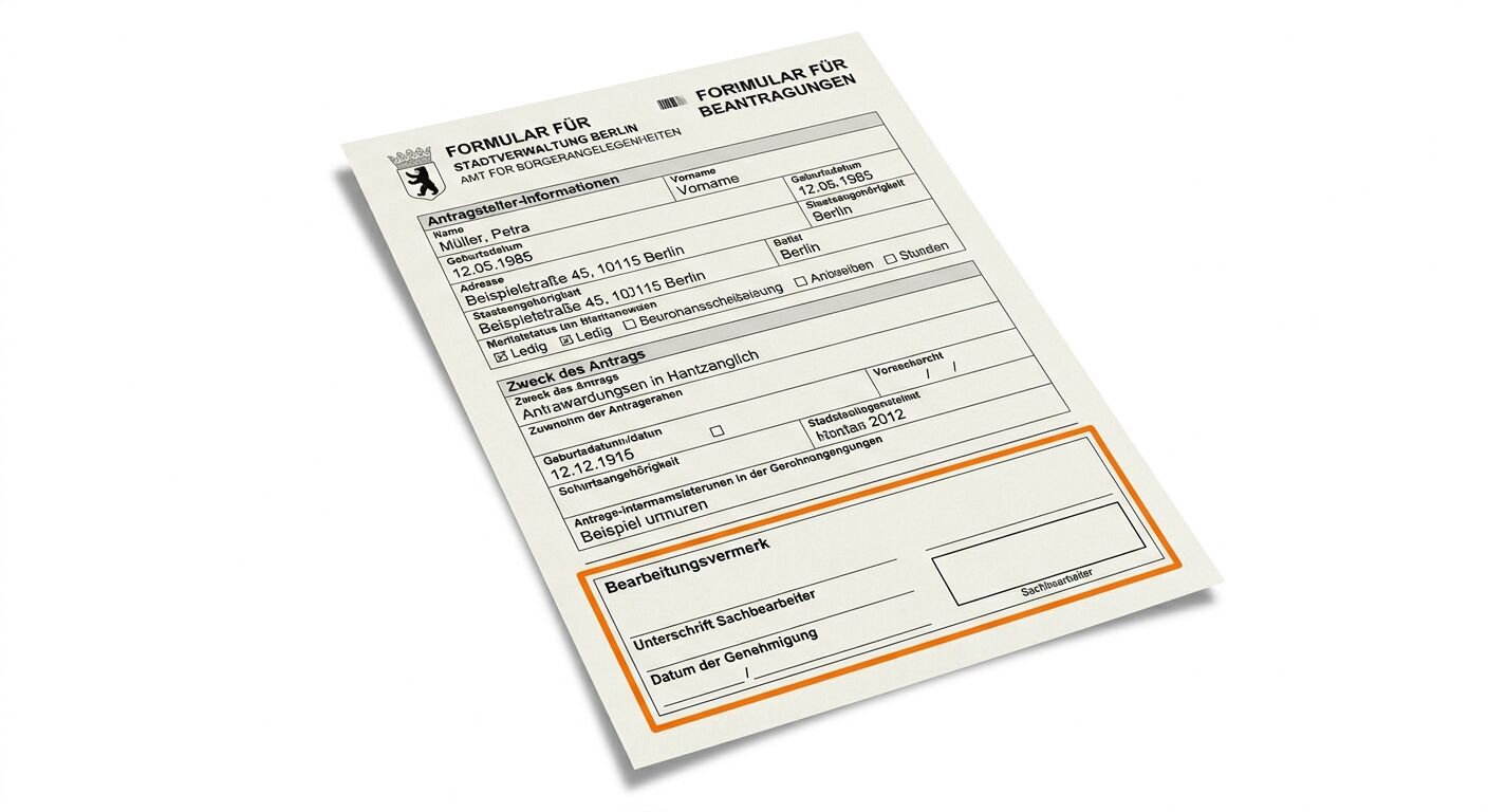Ausgefülltes deutsches Behördenformular mit orange hervorgehobenem Bearbeitungsvermerk