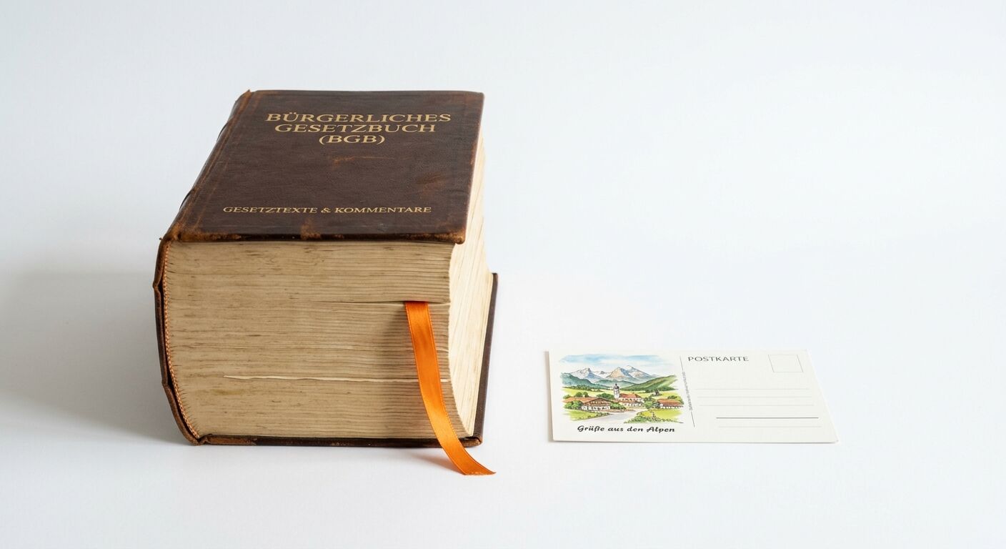 Ein altes BGB-Buch mit Lesezeichen steht neben einer Alpen-Postkarte auf weißem Grund