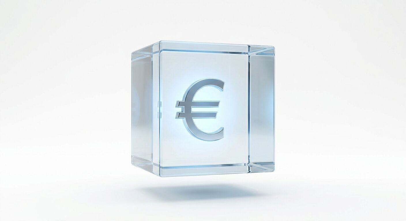 Gläserner Würfel mit einem leuchtenden Eurozeichen im Inneren, schwebend vor weißem Hintergrund