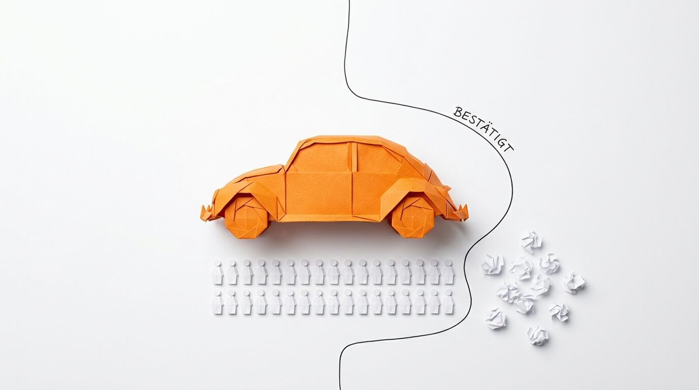 Origami-Auto, Menschenfiguren, geknülltes Papier und Text „BESTÄTIGT“ auf Weiß