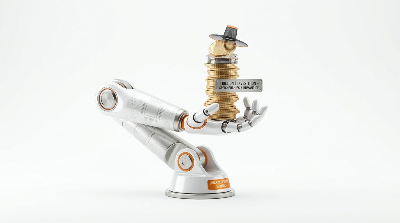 Ein Roboterarm hält einen Stapel Goldmünzen mit einem Hut und einem Schild darauf