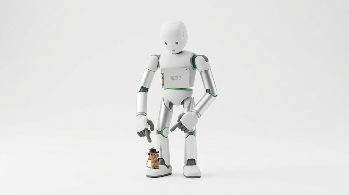 Weiß-silberner Roboter zeigt auf kleine Holzfigur