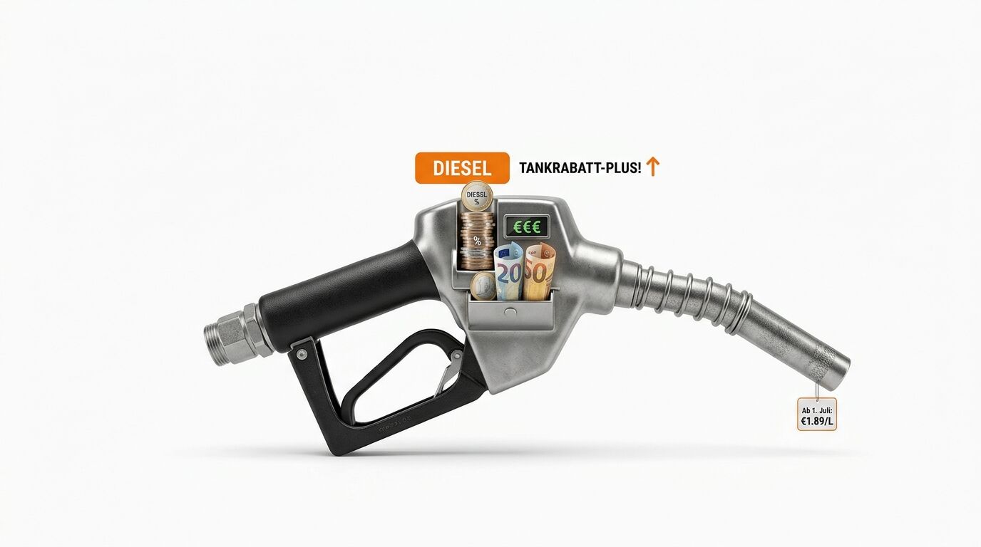 Eine Zapfpistole mit Geldmünzen, Euro-Scheinen, Prozentzeichen und Preis-Tag