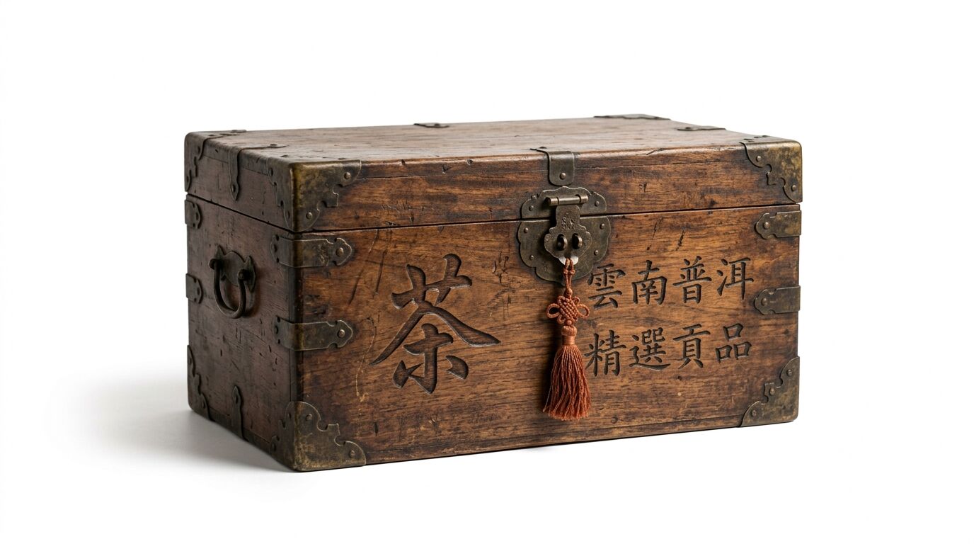 Alte chinesische Teebox aus dunklem Holz mit Metallbeschlägen und Quaste vor weißem Hintergrund