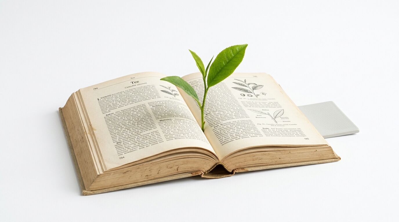 Ein Trieb mit grünen Blättern wächst aus einem aufgeschlagenen alten Buch auf weißem Grund