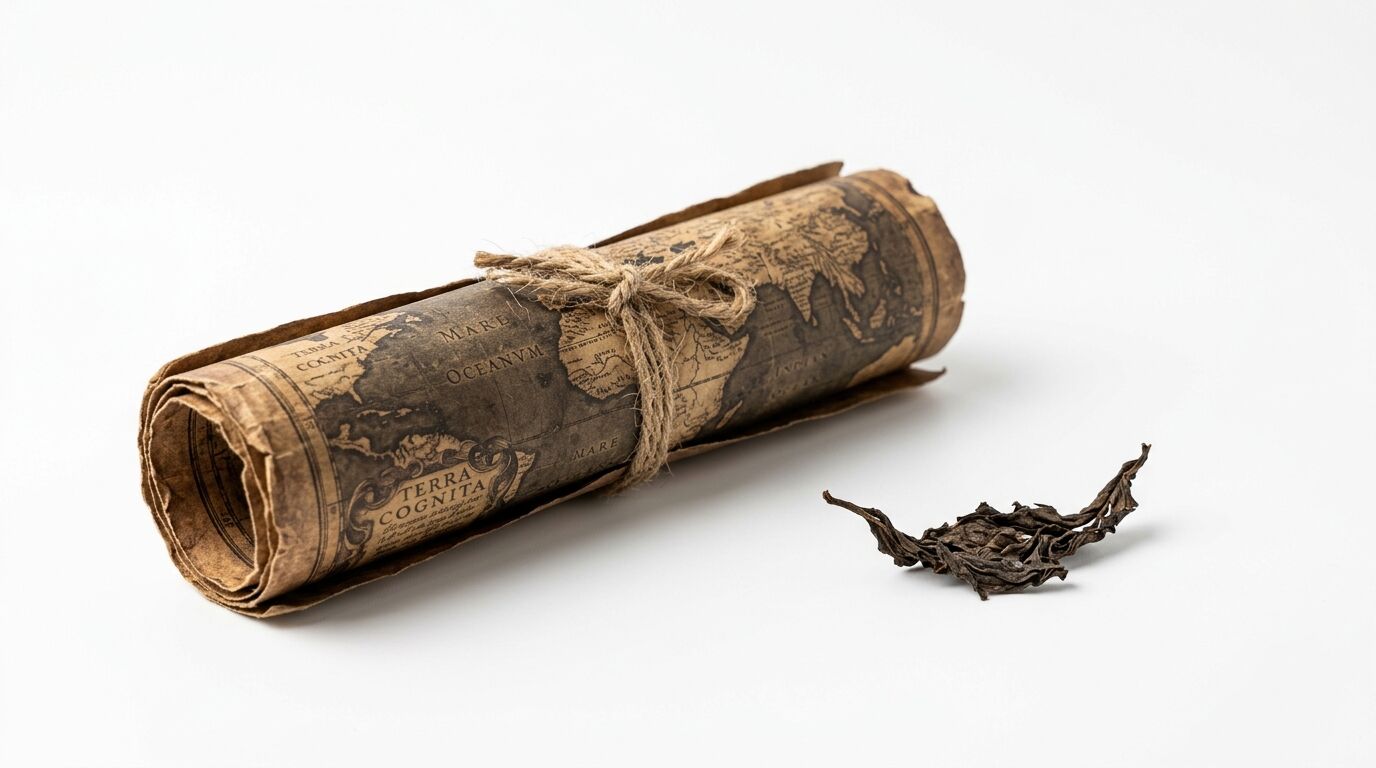 Alte Weltkarte als Schriftrolle mit Hanfseil gebunden und getrocknetem Blatt auf Weiß