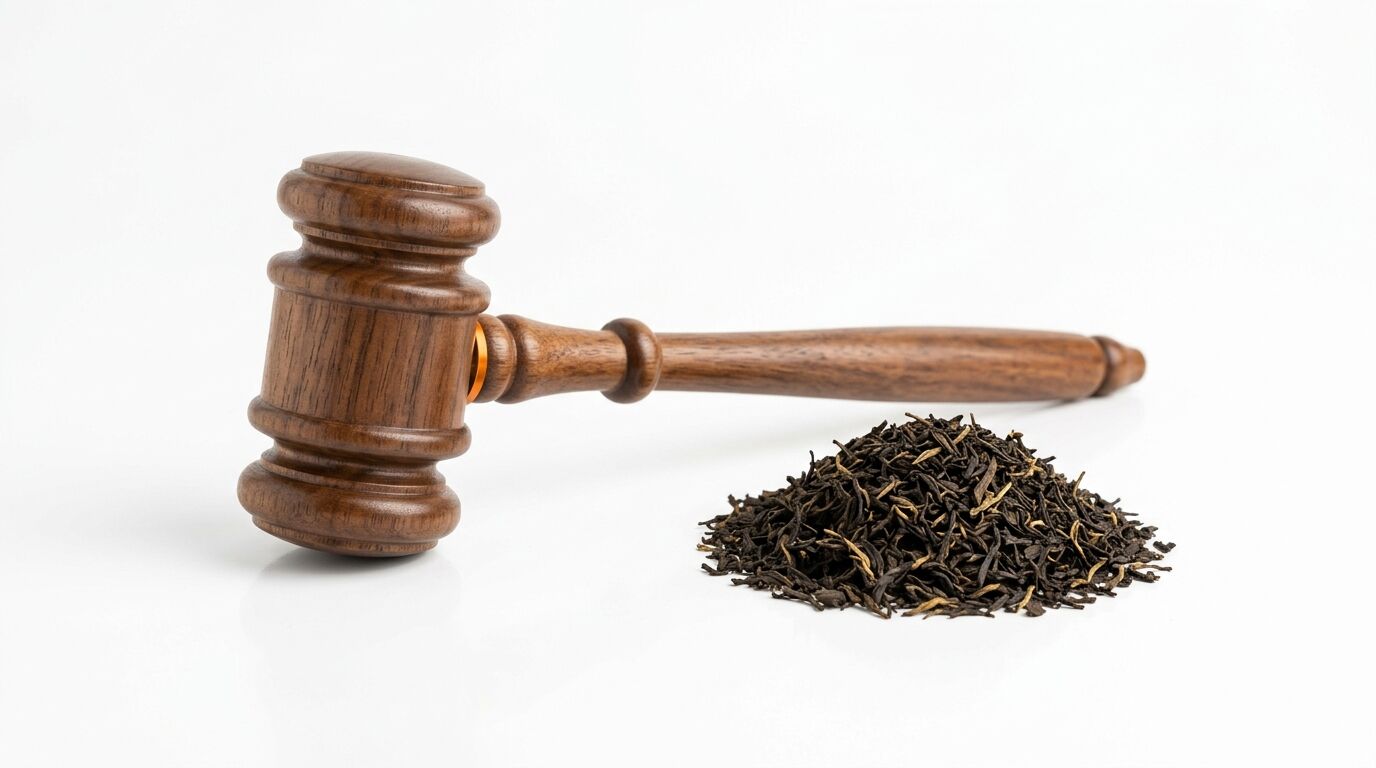 Ein Holzhammer und ein Haufen getrockneter Teeblätter vor weißem Hintergrund