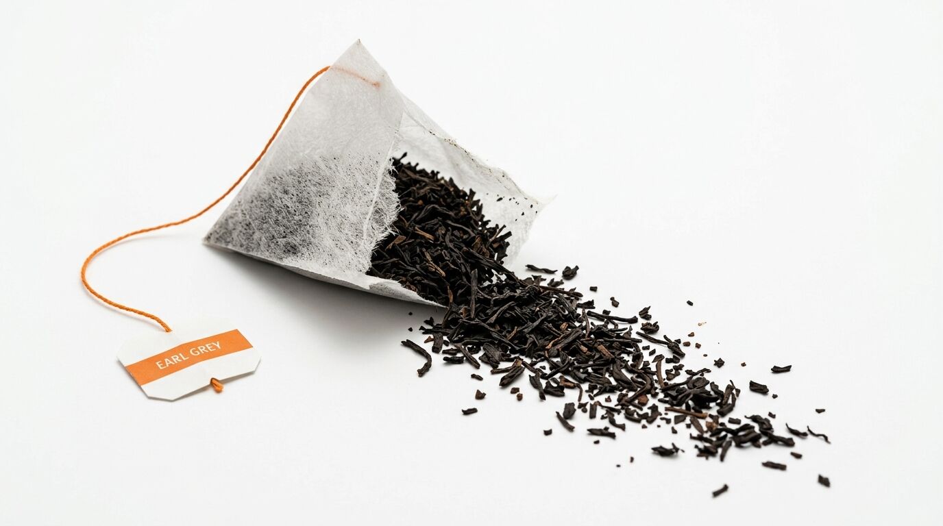 Aufgeschnittener Earl-Grey-Teebeutel mit verschütteten Teeblättern und Etikett auf weißem Grund