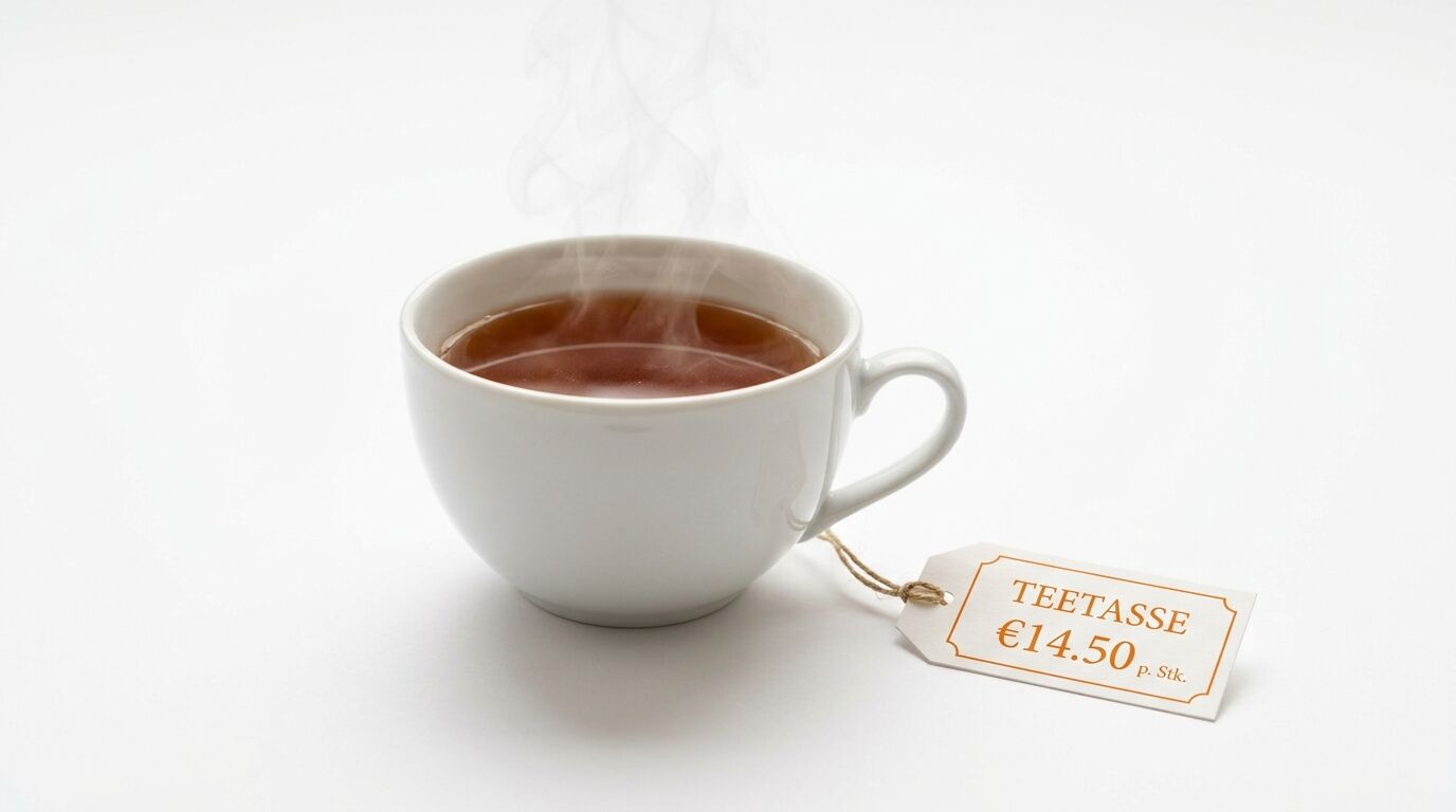 Dampfende Teetasse mit angehängtem Preisschild (€14.50 p. Stk.) auf weißem Grund