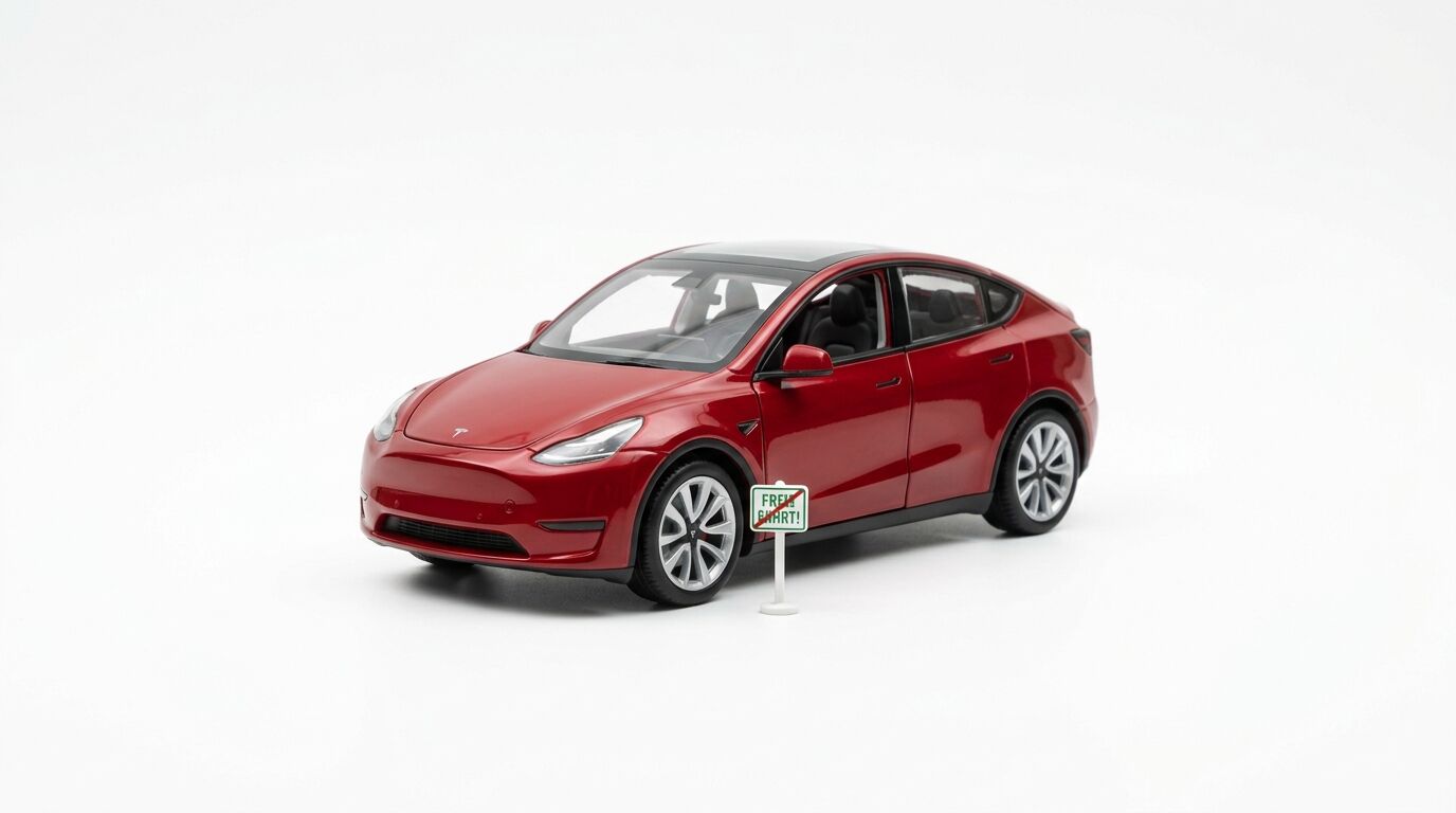 Ein rotes Modellauto der Marke Tesla steht neben einem kleinen Schild