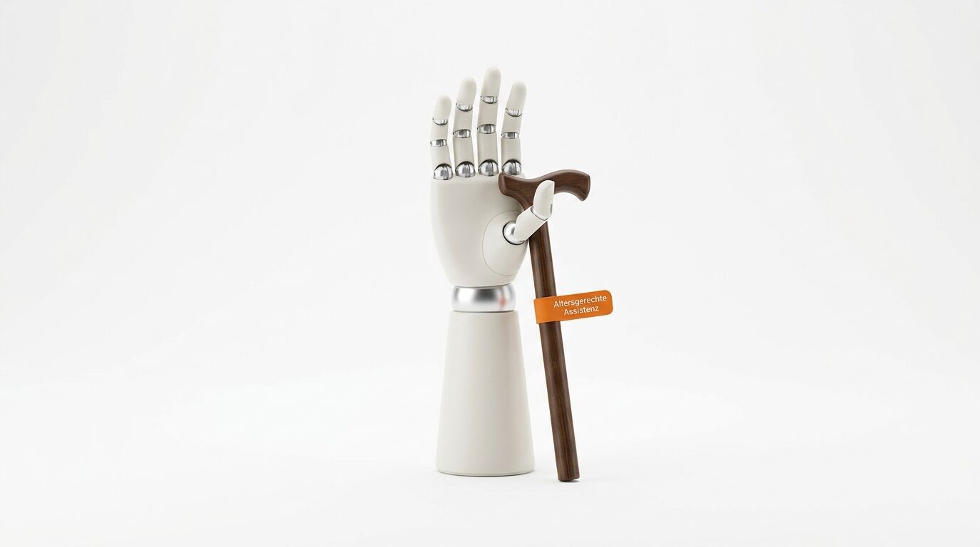 Roboterhand hält einen Gehstock mit der Aufschrift „Altersgerechte Assistenz“