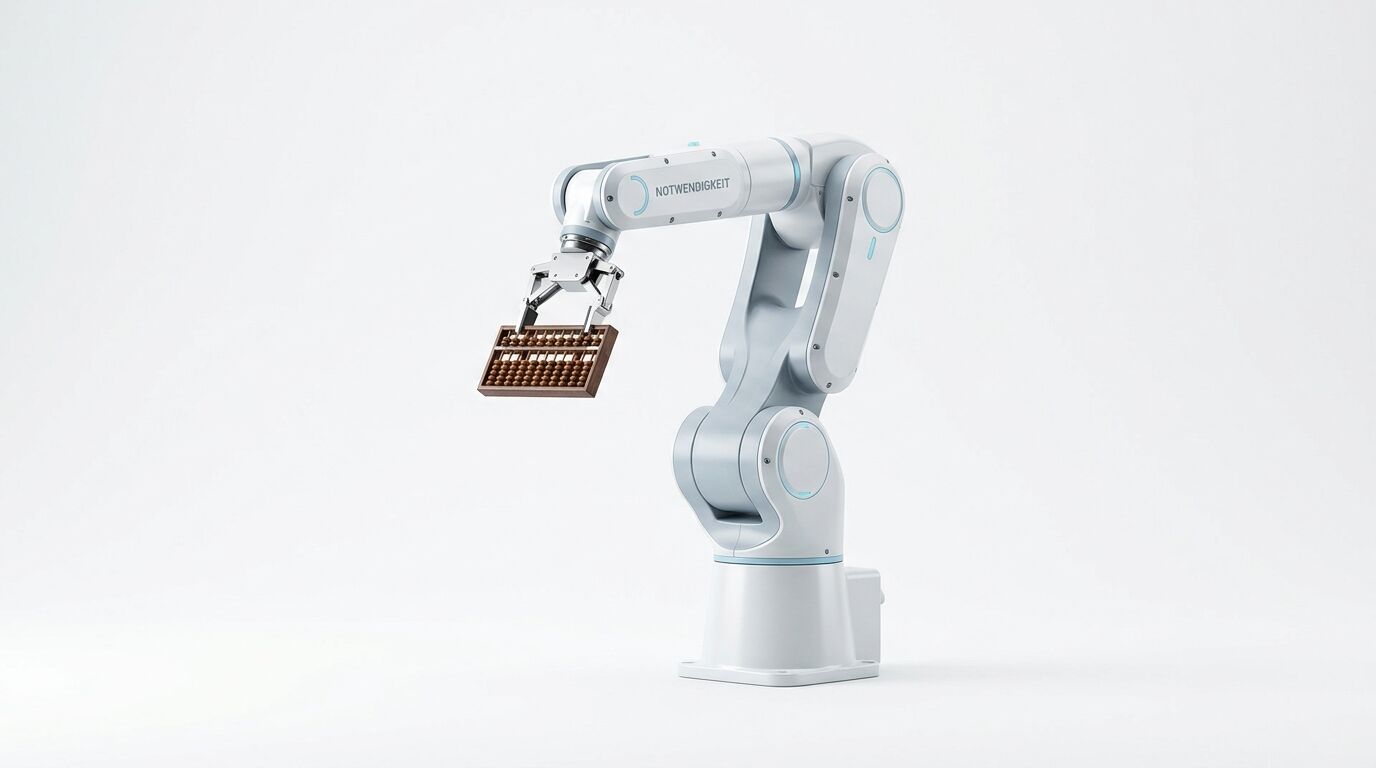 Roboterarm mit Aufschrift „NOTWENDIGKEIT“ hält Abakus vor weißem Hintergrund