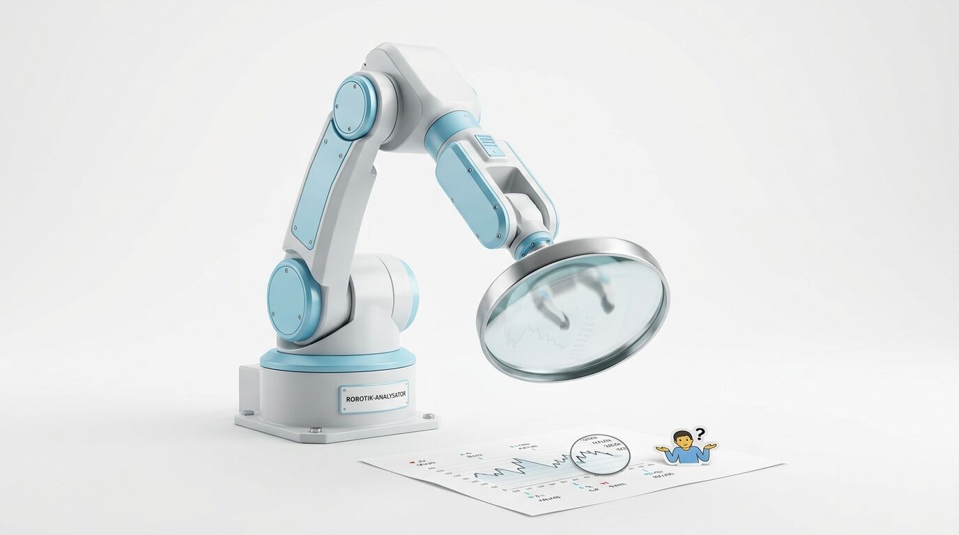 Roboterarm mit Lupe über Diagramm, neben Emoji mit Fragezeichen