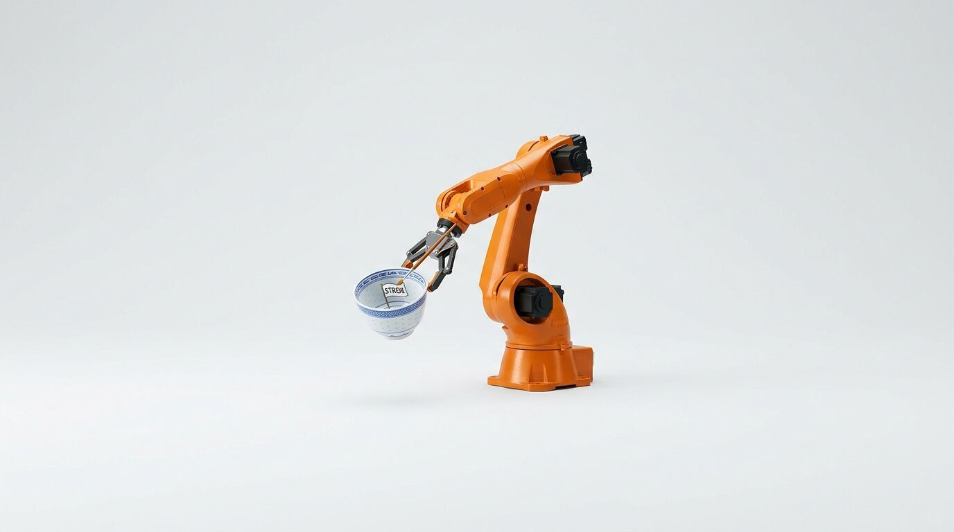 Ein orangefarbener Roboterarm hält mit dem Greifer eine kleine Schüssel vor weißem Hintergrund
