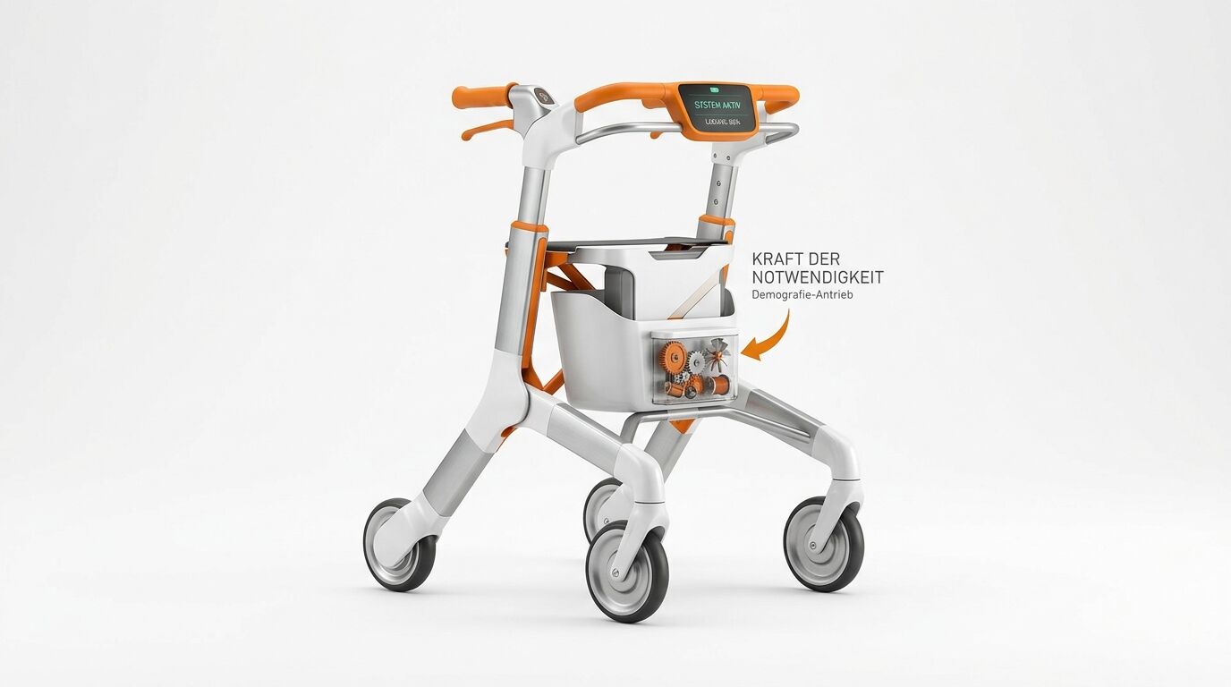 Eine fotorealistische Konzeptdarstellung eines futuristischen Rollators in Weiß und Orange