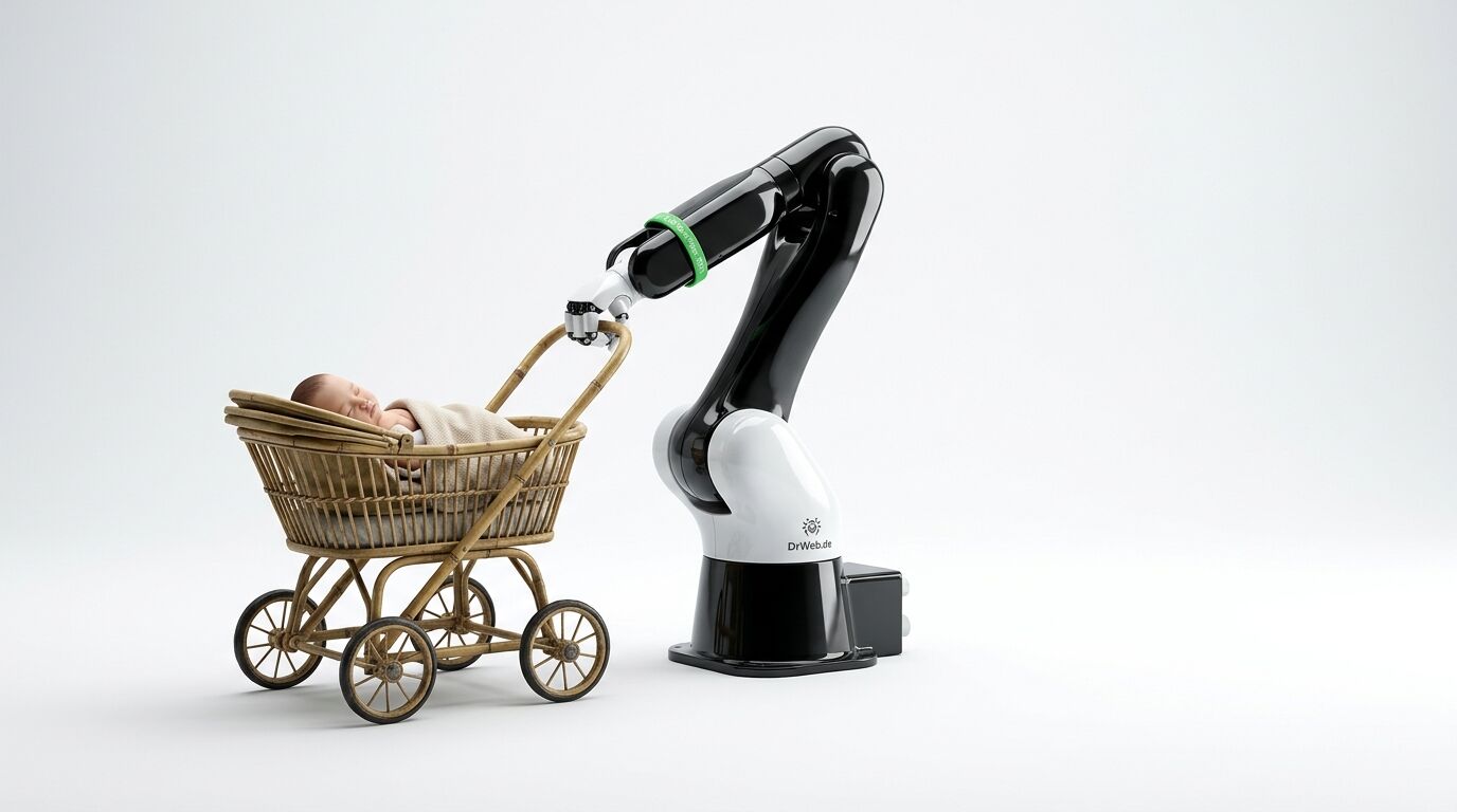 Ein Roboterarm schiebt einen Korbkinderwagen mit einem schlafenden Baby vor weißem Hintergrund