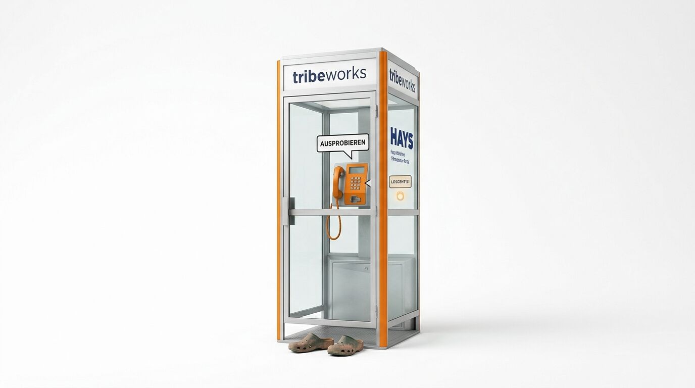 Abbildung einer Telefonzelle mit der Aufschrift „tribeworks“, einem Paar Schuhe davor und einem orangefarbenen Telefonhdyrer