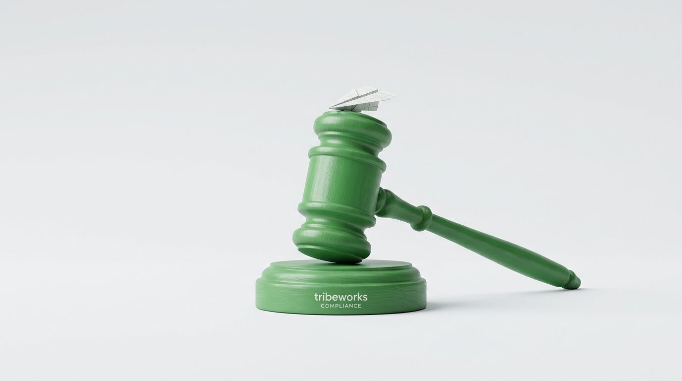 Grüner Richterhammer auf Sockel mit Papierflieger und Text „tribeworks COMPLIANCE“