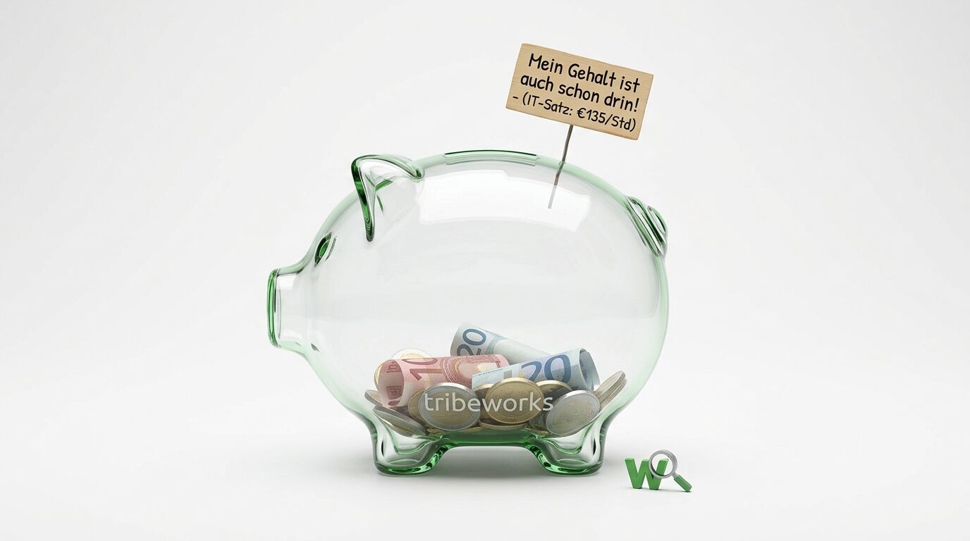 Gläsernes Sparschwein mit Euro-Geld und Holzschild vor weißem Hintergrund