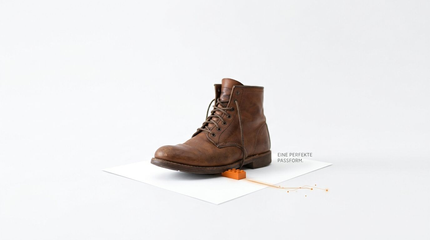 Ein brauner Lederstiefel tritt auf einen einzelnen orangefarbenen Legostein
