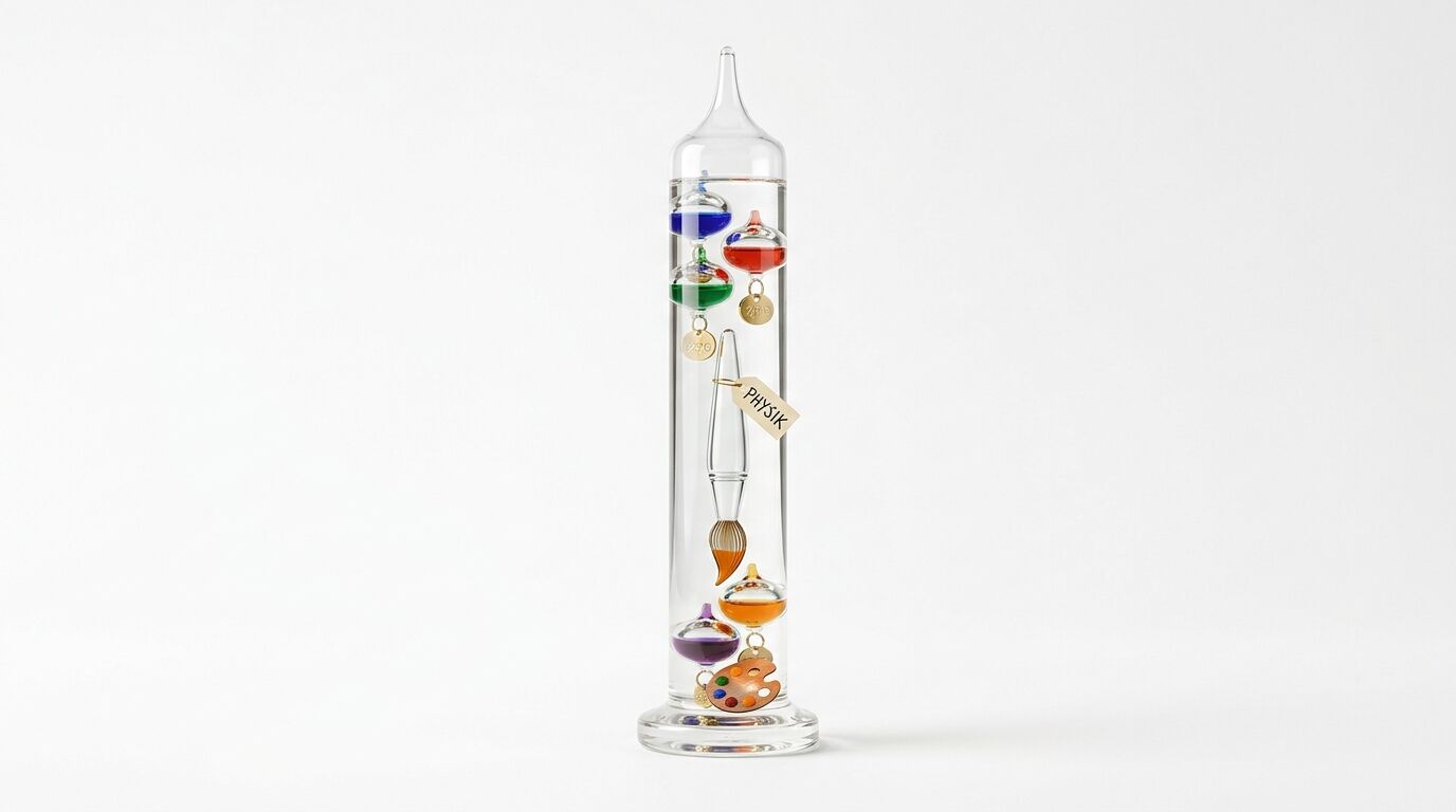 Ein Galileo-Thermometer mit bunten Kugeln, Pinsel, Palette und „Physik“-Anhänger