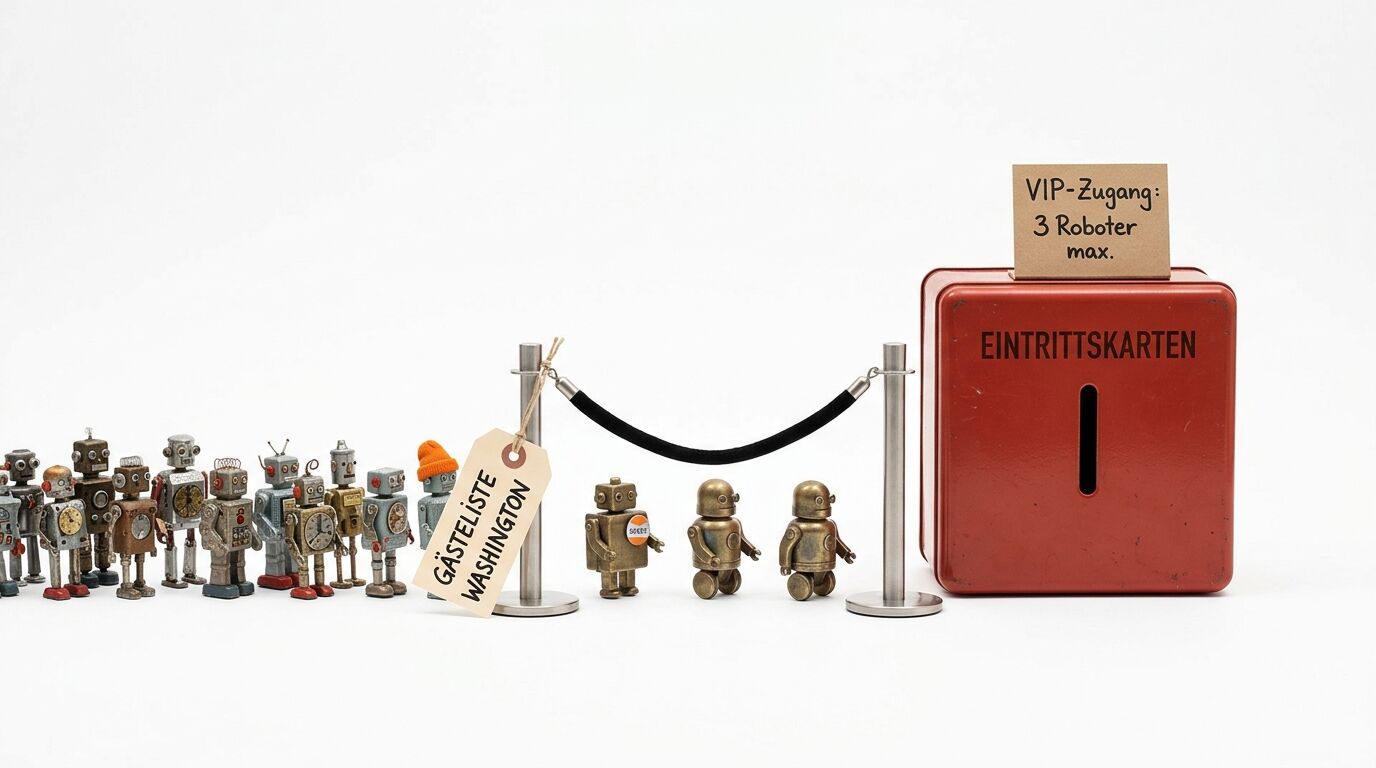 Miniaturroboter warten vor Kordelabsperrung, rechts eine rote Eintrittskarten-Box