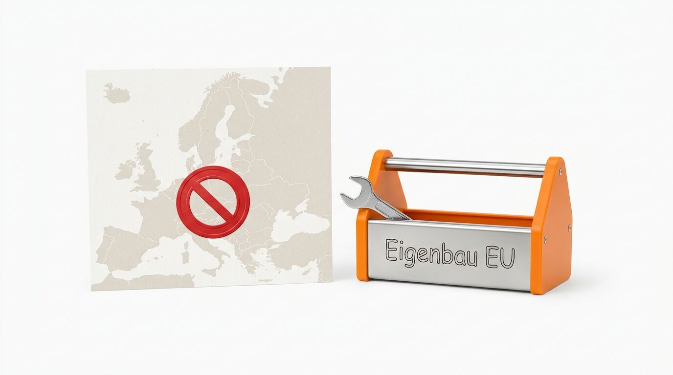Karte von Europa mit rotem Verbotsschild links neben einer Werkzeugkiste mit Text „Eigenbau EU“