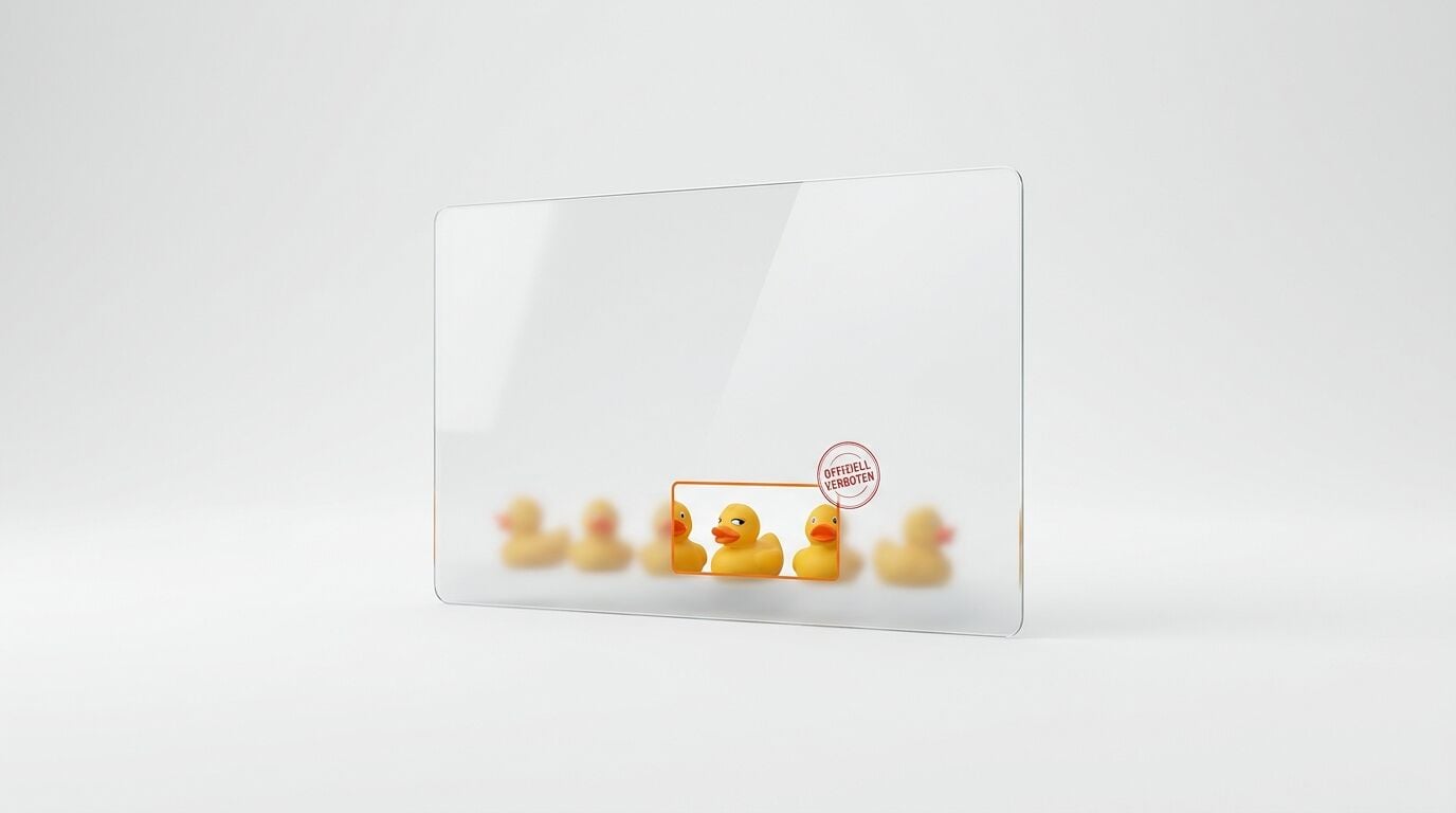Gummi-Enten hinter Glas. Drei fokussiert im Rahmen. Ein Stempel sagt 