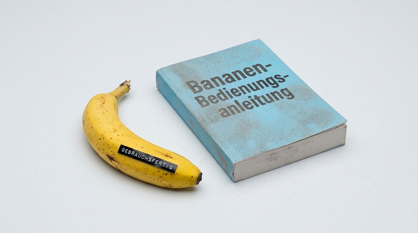 Banane mit Etikett „GEBRAUCHSFERTIG“ und Buch „Bananen-Bedienungsanleitung“ auf Weiß