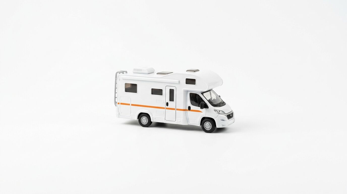 Ein weißes Modellwohnmobil mit orangem Streifen auf weißem Hintergrund