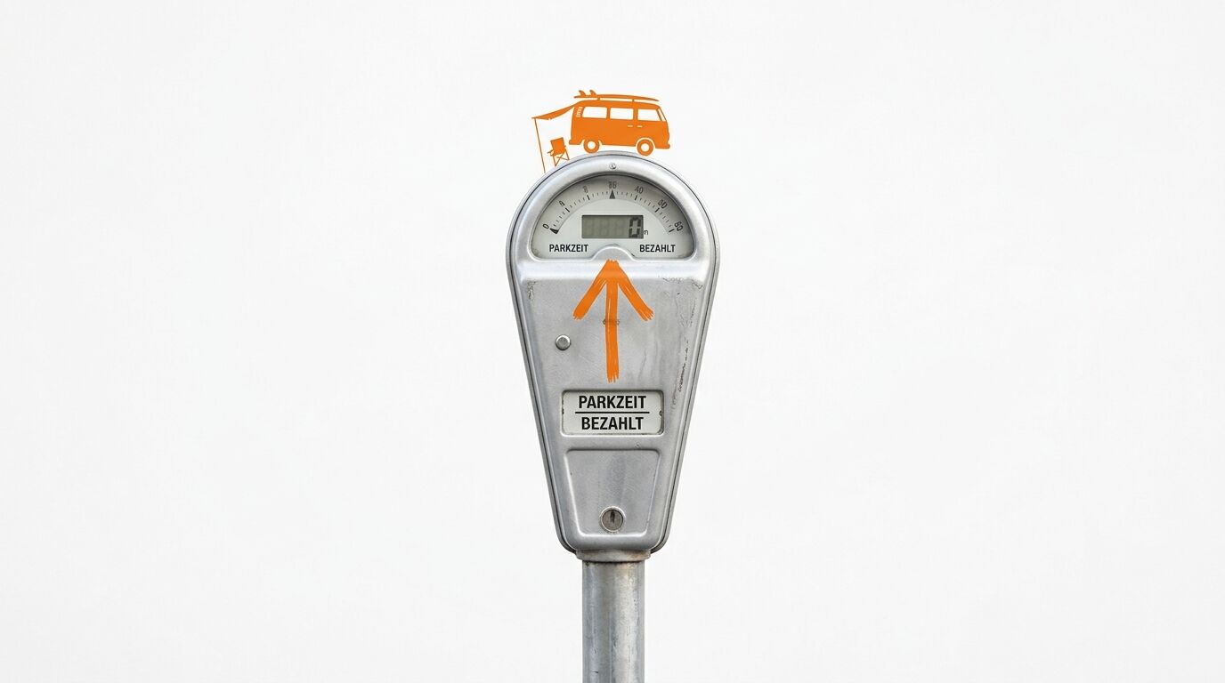 Parkautomat mit Camper-Grafik und Text