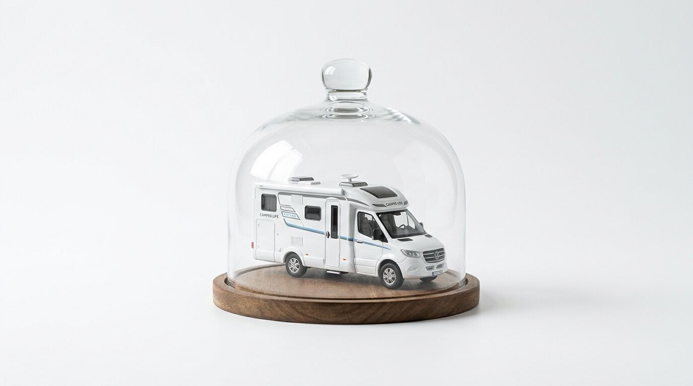 Modell-Wohnmobil unter einer Glasglocke auf einem Holzsockel vor weißem Hintergrund