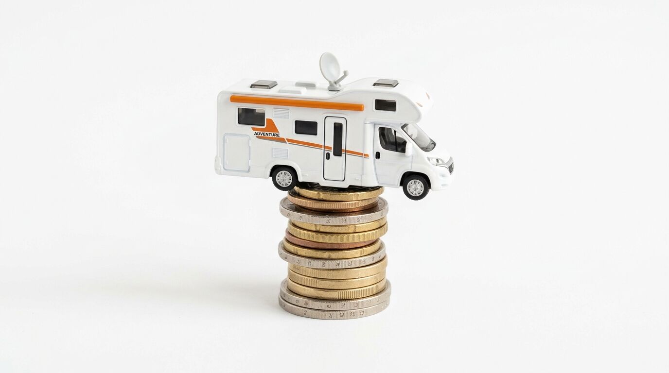 Ein Spielzeug-Wohnmobil steht auf einem Stapel Euro-Münzen vor weißem Hintergrund