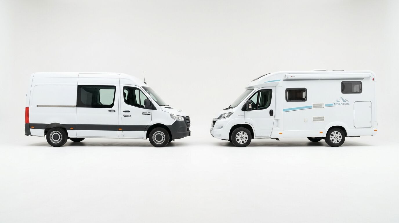 Ein weißer Kastenwagen links und ein weißes Wohnmobil rechts stehen sich auf weißem Grund gegenüber