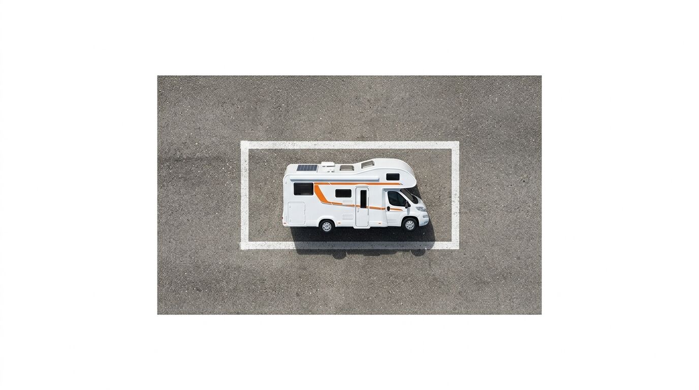 Draufsicht auf ein weißes Wohnmobil mit Solaranlage auf einem Parkplatz mit weißer Linie