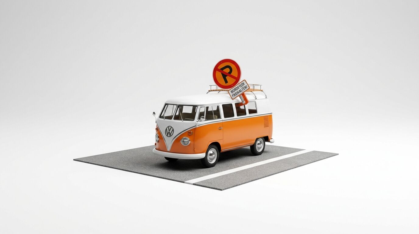 VW T1 Modellbus mit Halteverbotsschild auf dem Dach auf einem Stück Straße