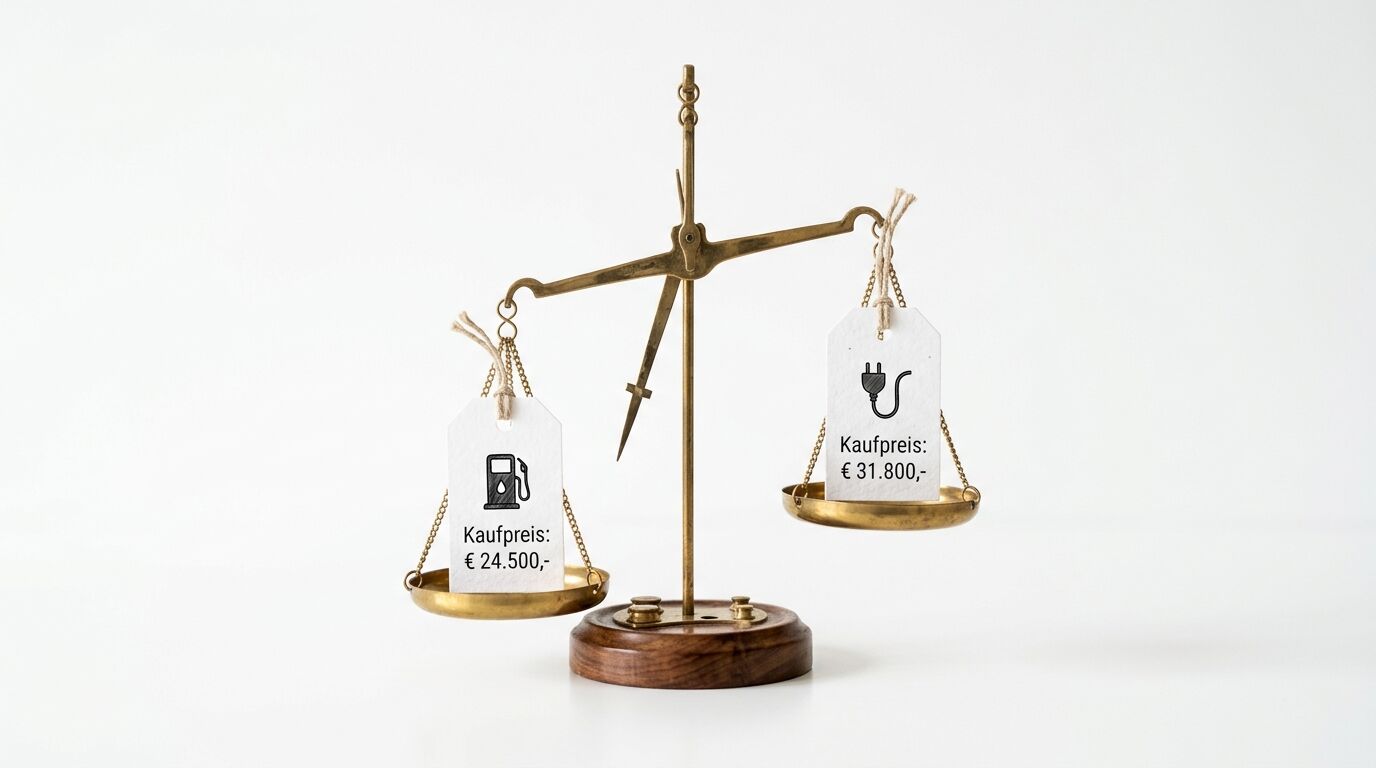 Waage mit zwei Kaufpreisangaben für Benzin (links) und Strom (rechts)