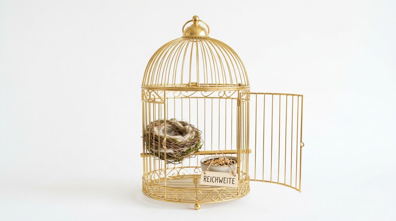 Offener goldener Vogelkäfig mit Nest und Futterschale mit Schild „REICHWEITE“