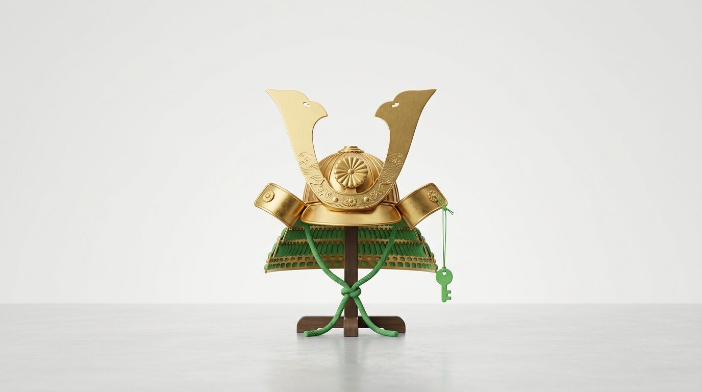 Ein Samurai-Helm mit goldenem Helmschmuck und grünen Schnüren, dazu ein kleiner grüner Schlüssel