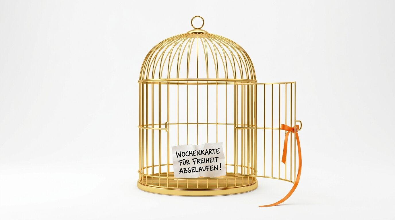 Goldener Käfig, offene Tür mit orangem Band, Zettel: „Wochenkarte für Freiheit abgelaufen!“