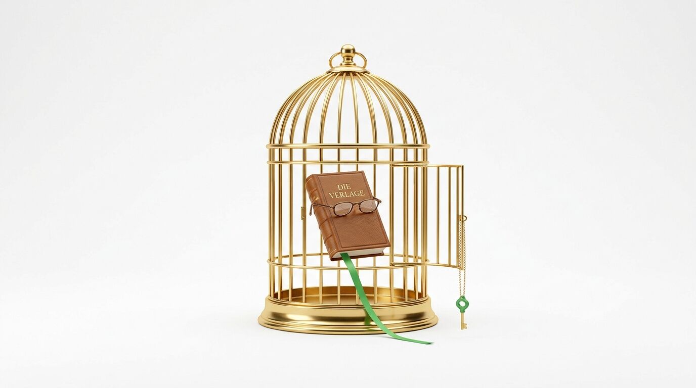 Ein goldenes Vogelkäfig mit einem Buch darin, Brille, grünem Band und Schlüssel, vor weißem Grund