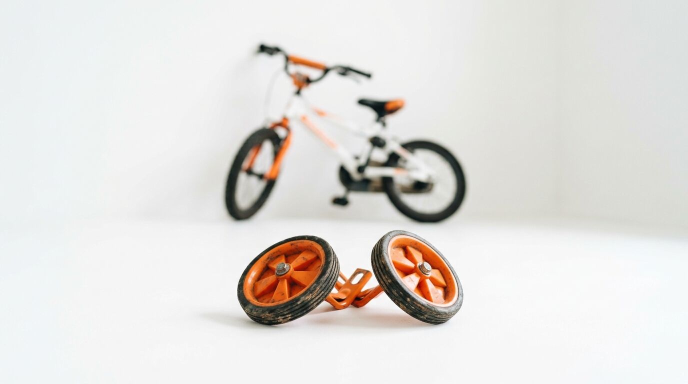 Stützräder im Vordergrund vor einem unscharfen Kinderfahrrad, alles auf weißem Grund
