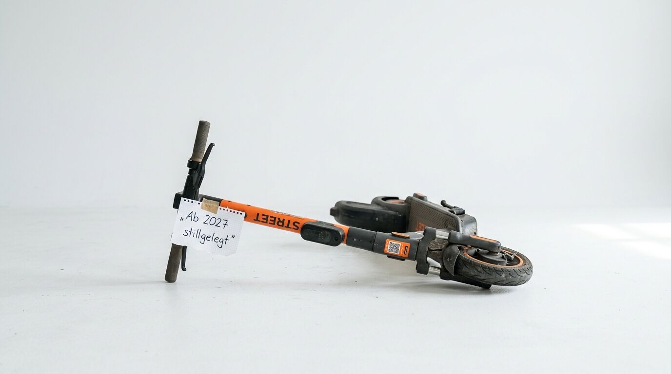 Zerlegter orangefarbener E-Scooter mit „Stillgelegt ab 2027“-Zettel auf weißem Grund