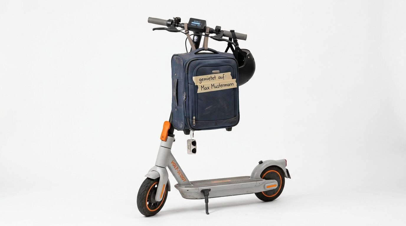 Ein E-Roller mit Koffer, Helm und dem Schild „gemietet auf: Max Mustermann“