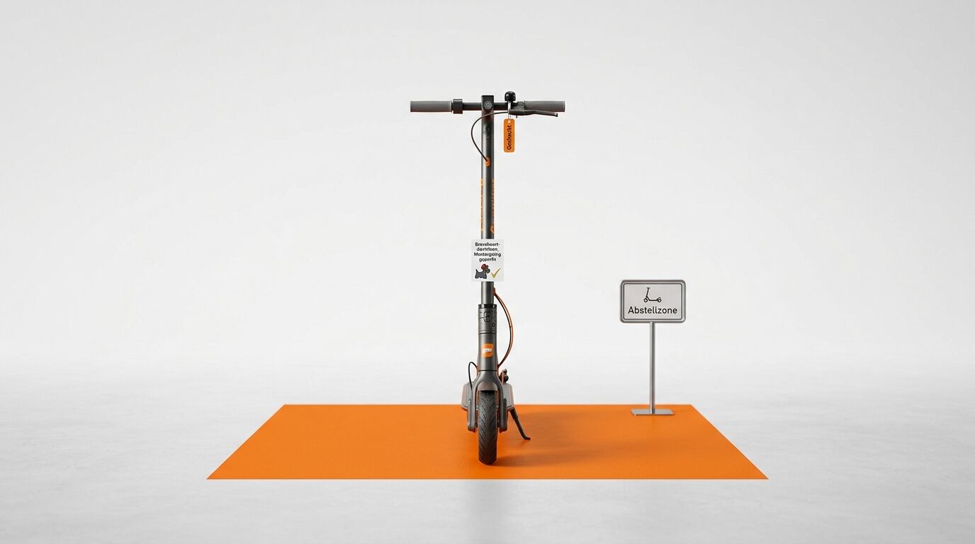 E-Scooter auf orangefarbenem Teppich mit Schild „Abstellzone“ auf grauem Grund