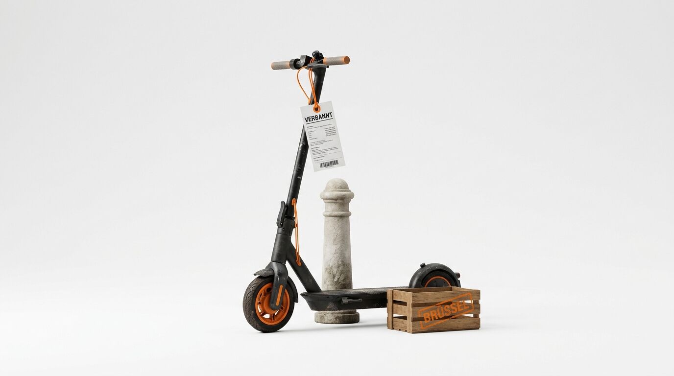E-Roller, Poller, Kiste mit „BRÜSSEL“ und Tag „VERBANNT“