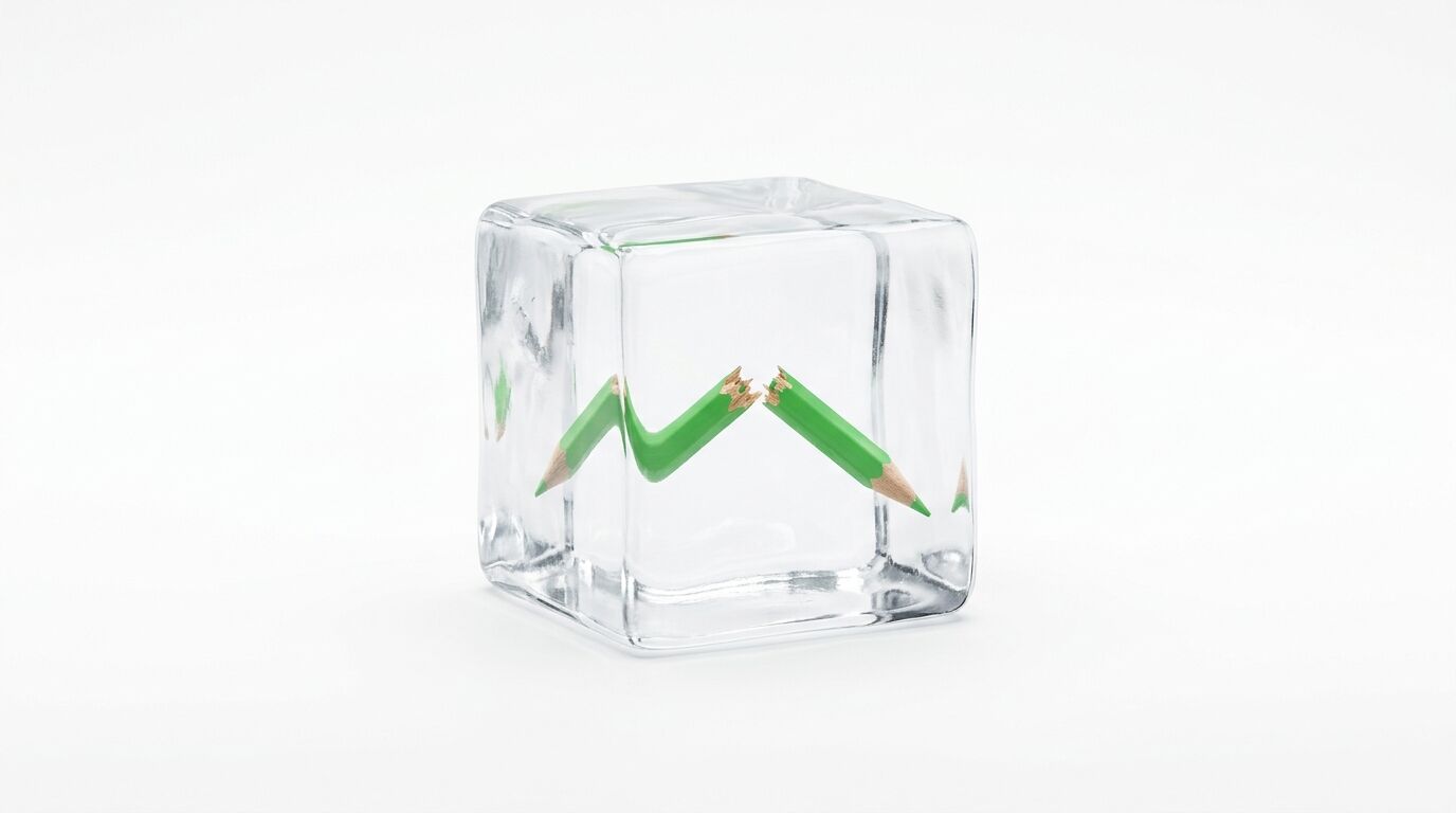 Ein grüner, gebrochener Buntstift, eingefroren in einem transparenten Eiswürfel vor weißem Hintergrund