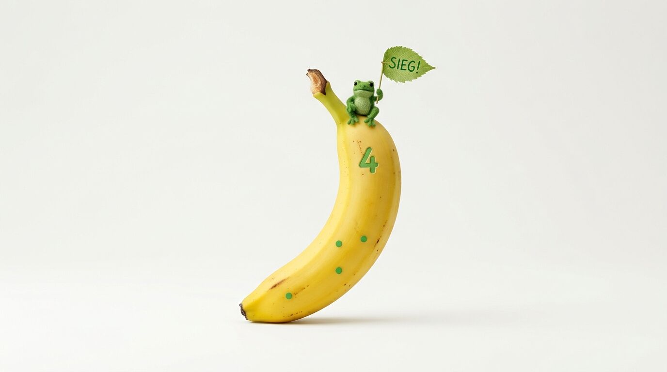Kleine Froschfigur auf Banane mit Zahl 4 und Blattflagge „SIEG!“ vor hellem Hintergrund